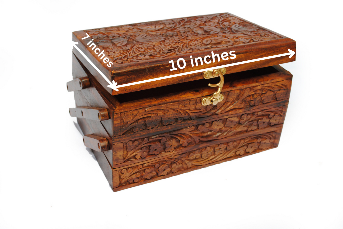 Wooden Jewelry/Jewellery Box with Carved Work and soft red velvet lining