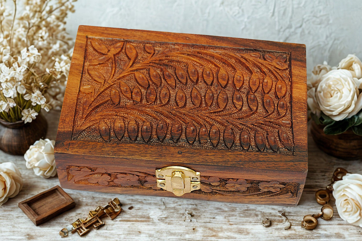 Wooden Handmade Jewelry Box with Carved Work