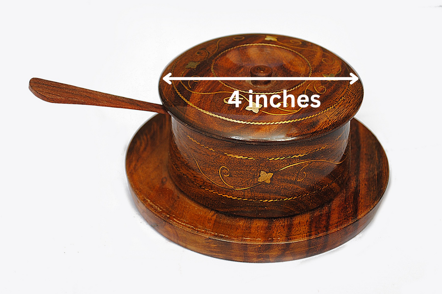 Wooden Handmade Sugar Pot with Spoon (Brass Work)