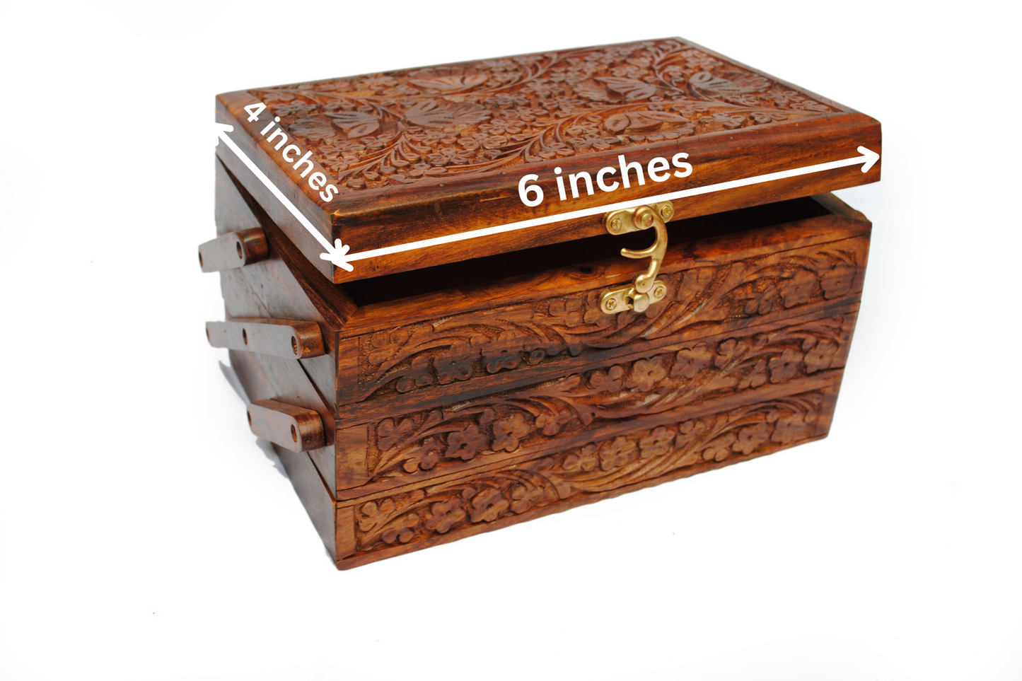 Wooden Jewelry/Jewellery Box with Carved Work and soft red velvet lining