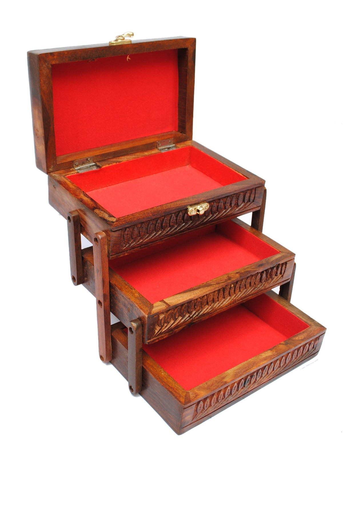 Wooden Jewelry/Jewellery Box with Carved Work and soft red velvet lining