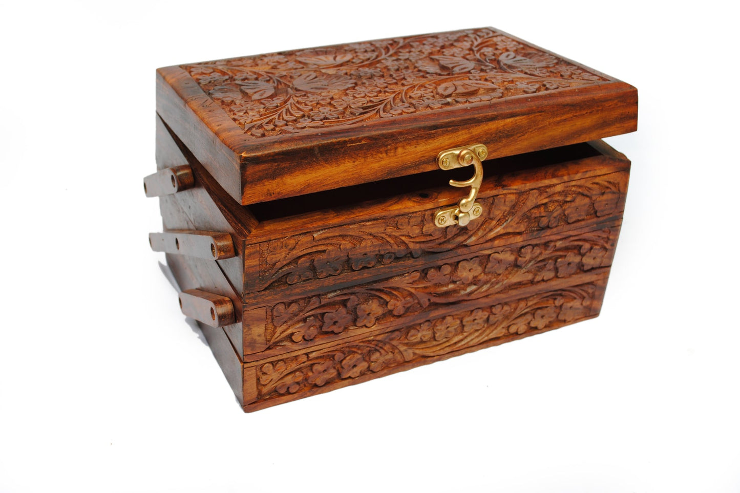 Wooden Jewelry/Jewellery Box with Carved Work and soft red velvet lining