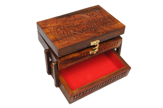 Wooden Jewelry/Jewellery Box with Carved Work and soft red velvet lining