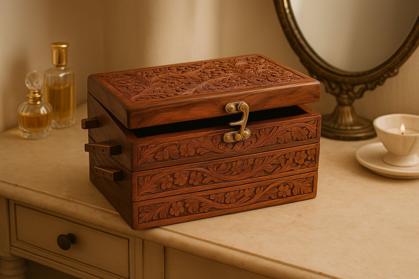 Wooden Jewelry/Jewellery Box with Carved Work and soft red velvet lining