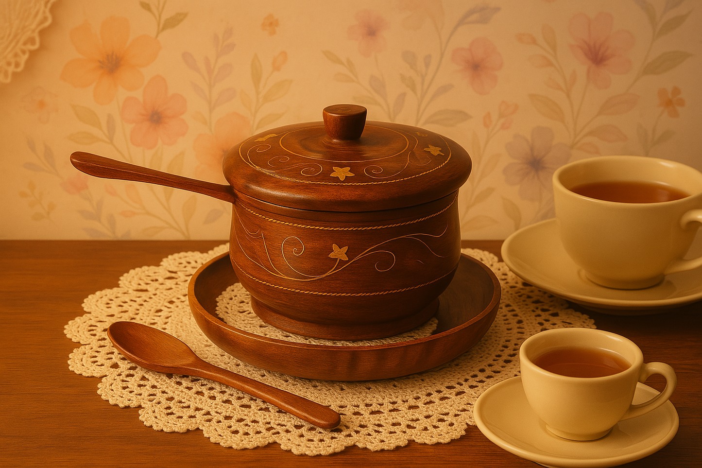 Wooden Handmade Sugar Pot with Spoon (Brass Work)
