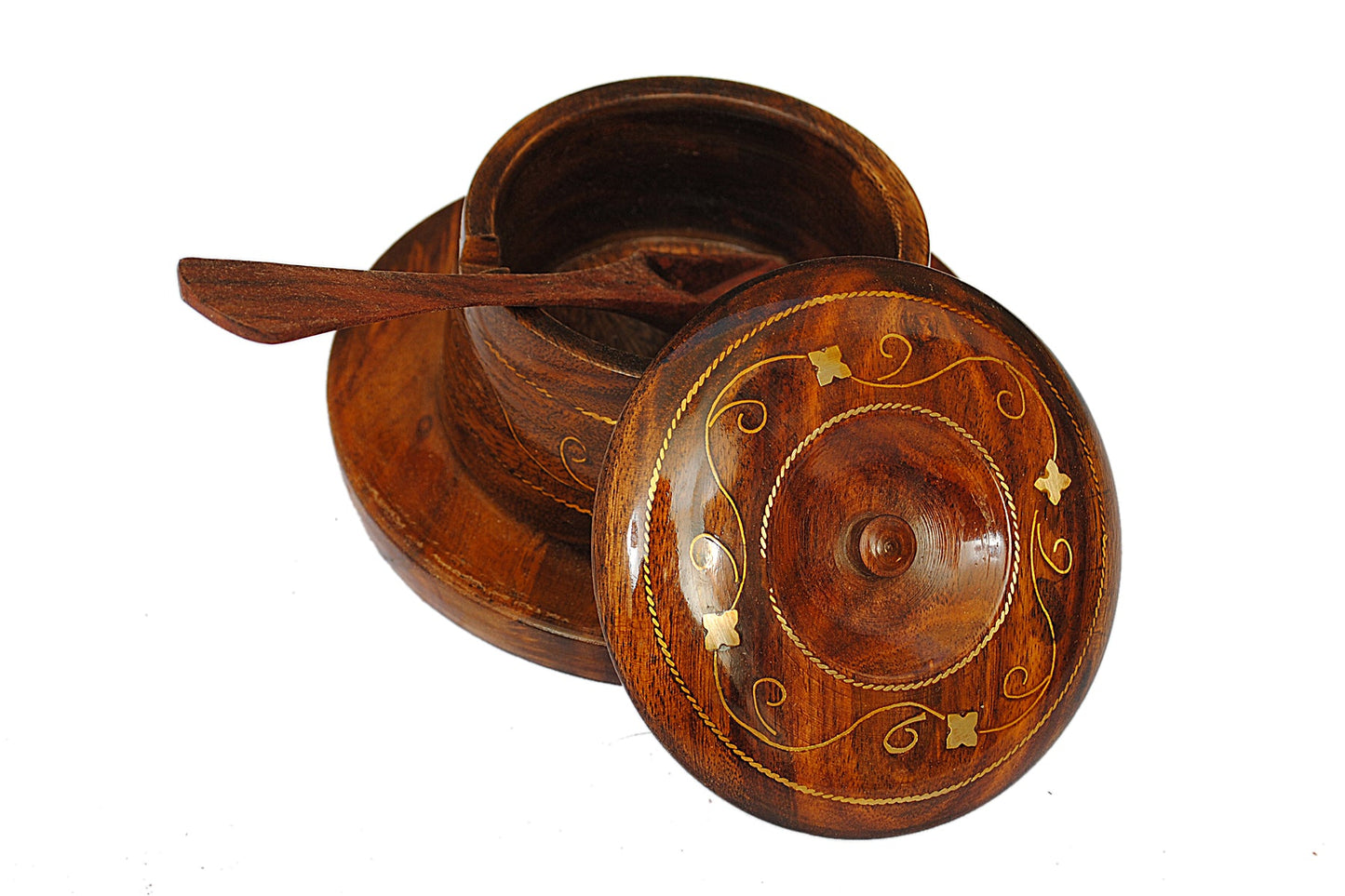 Wooden Handmade Sugar Pot with Spoon (Brass Work)
