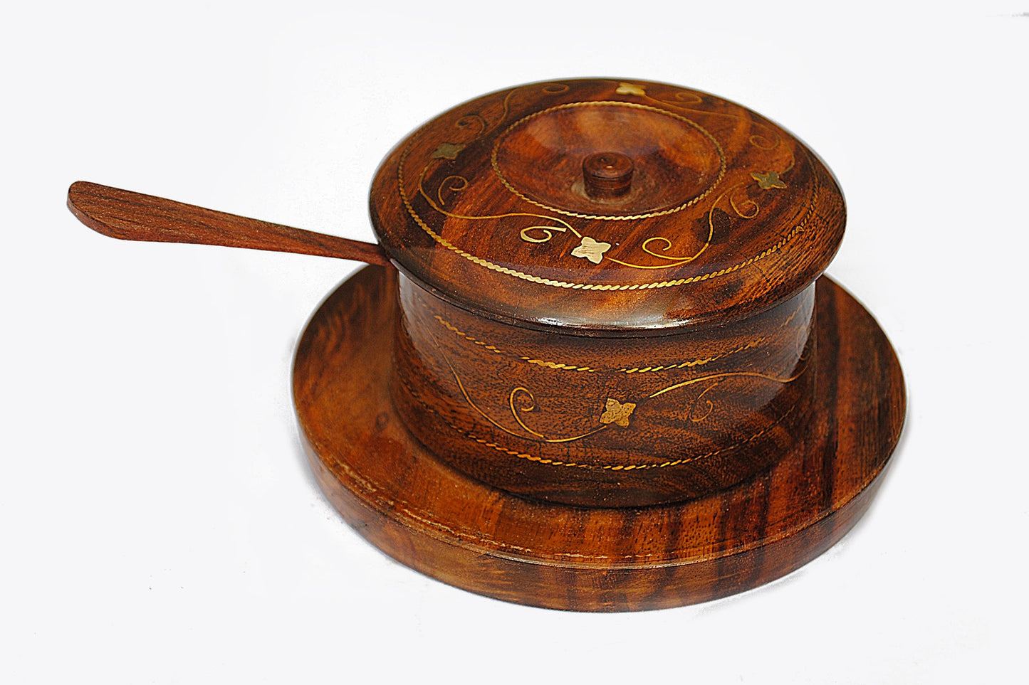Wooden Handmade Sugar Pot with Spoon (Brass Work)